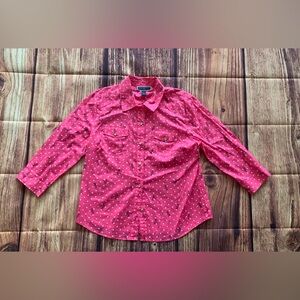 SOLD ✅ Karen Scott Women's 3/4 Sleeve Polka Dots & Dragonfly Pink Shirt Sz: L